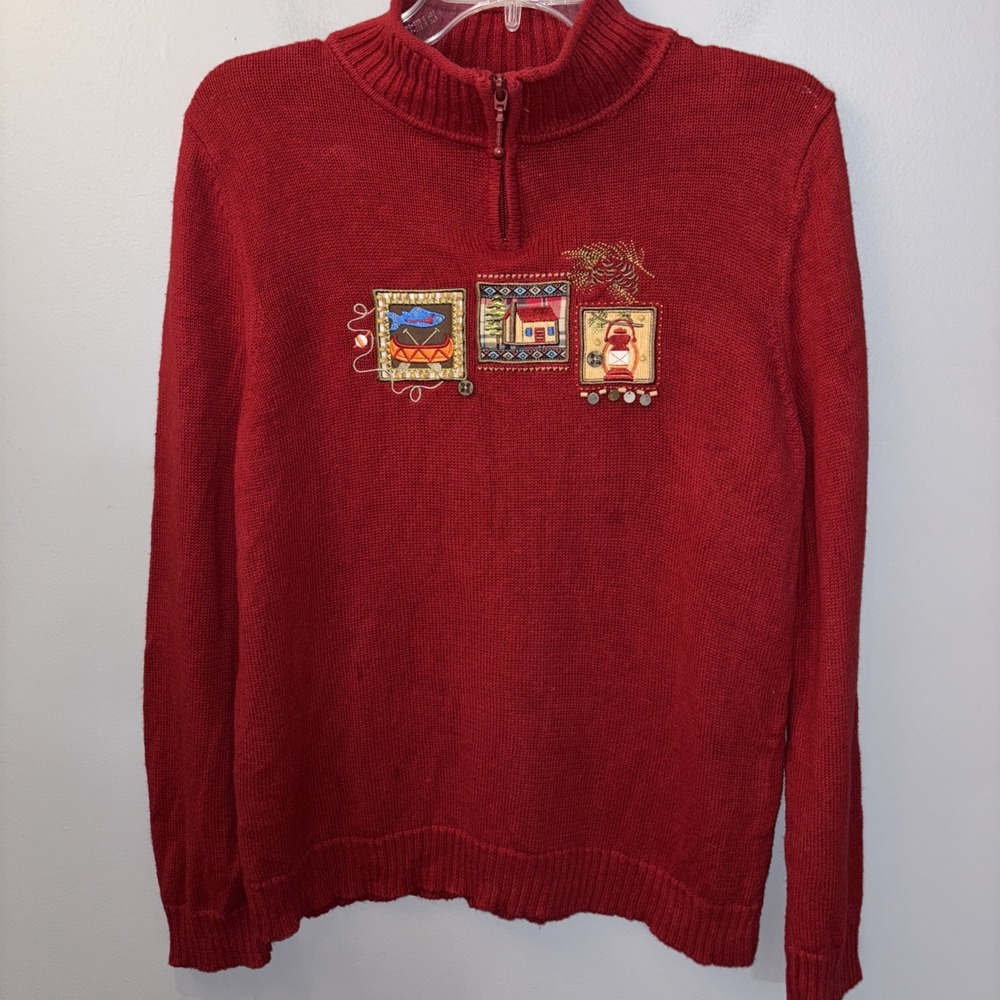 VTG Christopher Banks‎ Red Sweater Mock Neck 1/4 Zip Camping Cabincore Women's L